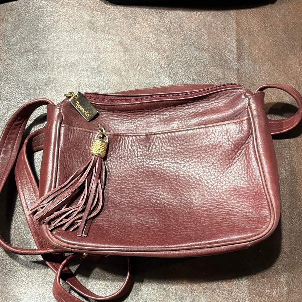 Tignanello Burgundy Leather Shoulder Bag with Tassel